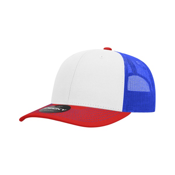 Decky-6031-6 Panel Mid Profile Structured Contra-Stitch Trucker - Red/White/Royal