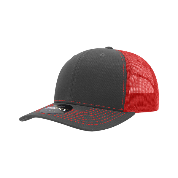 Decky-6031-6 Panel Mid Profile Structured Contra-Stitch Trucker - Charcoal/Red
