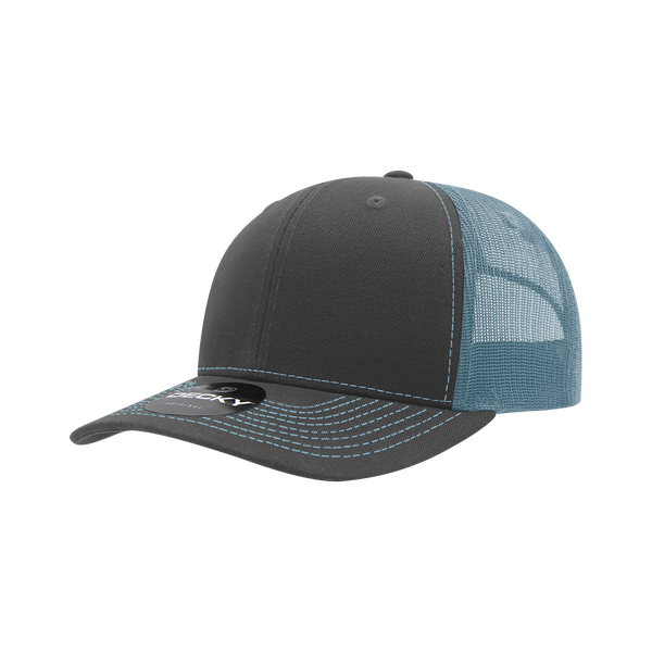 Decky-6031-6 Panel Mid Profile Structured Contra-Stitch Trucker - Charcoal/Sky