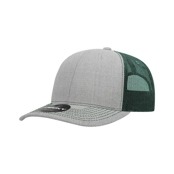 Decky-6031-6 Panel Mid Profile Structured Contra-Stitch Trucker - Heather grey/Forest