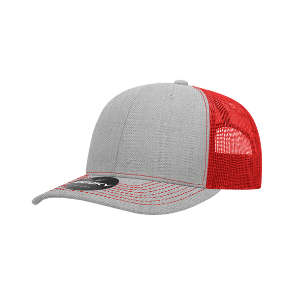 Decky-6031-6 Panel Mid Profile Structured Contra-Stitch Trucker - Heathergrey/Red