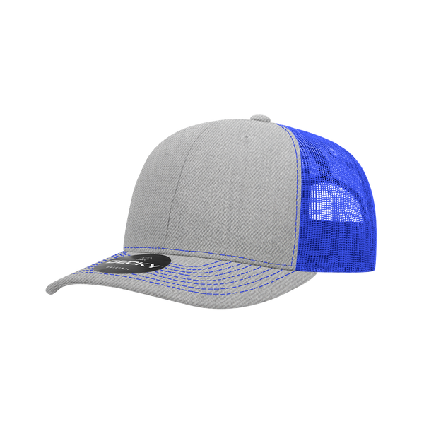 Decky-6031-6 Panel Mid Profile Structured Contra-Stitch Trucker - Heathergrey/Royal