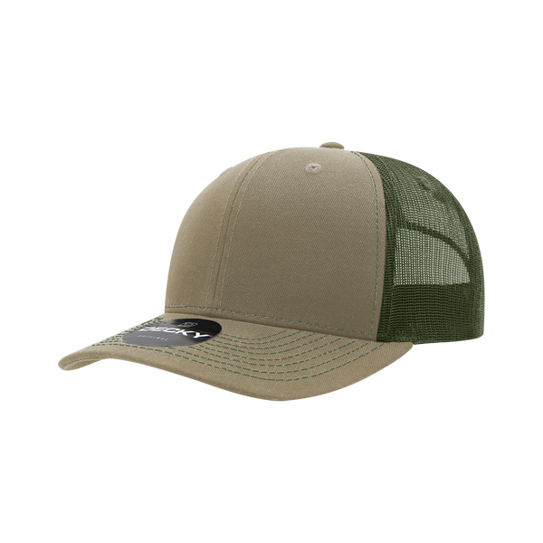 Decky-6031-6 Panel Mid Profile Structured Contra-Stitch Trucker - Khaki/Forest