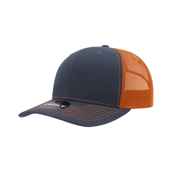 Decky-6031-6 Panel Mid Profile Structured Contra-Stitch Trucker - Navy/Orange
