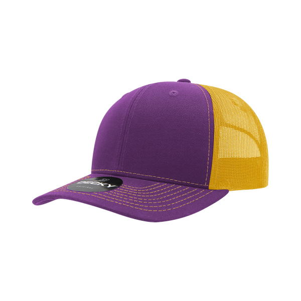 Decky-6031-6 Panel Mid Profile Structured Contra-Stitch Trucker - Purple/Gold