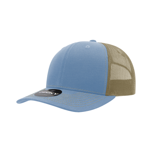 Decky-6031-6 Panel Mid Profile Structured Contra-Stitch Trucker - Sky/Khaki