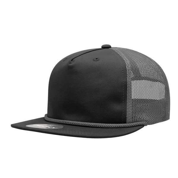 Decky-6041-5 Panel High Profile Relaxed Cotton Blend Trucker w/Rope - Black/Charcoal