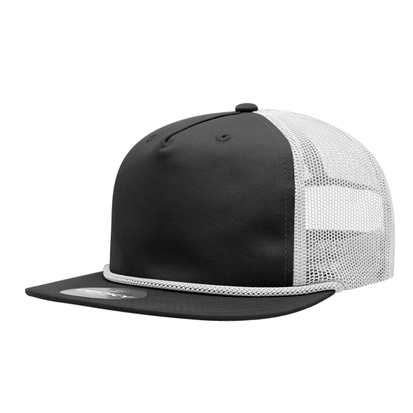 Decky-6041-5 Panel High Profile Relaxed Cotton Blend Trucker w/Rope - Black/White