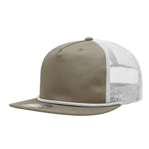 Decky-6041-5 Panel High Profile Relaxed Cotton Blend Trucker w/Rope - Khaki/White