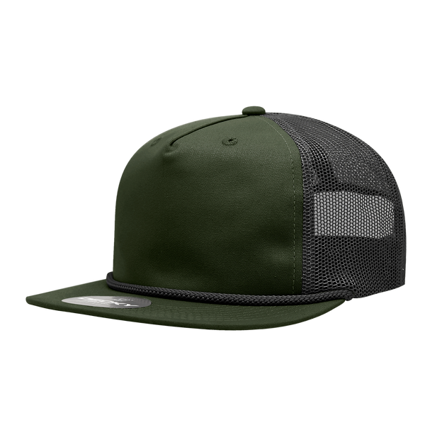 Decky-6041-5 Panel High Profile Relaxed Cotton Blend Trucker w/Rope - Olive/Black