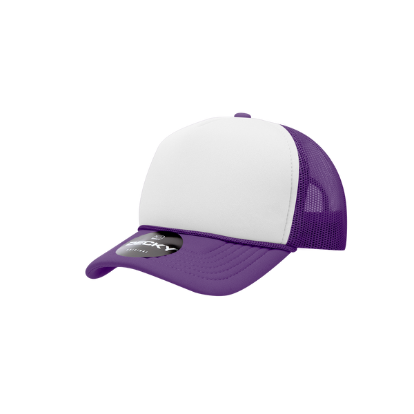 Decky-7010-Youth 5 Panel Mid Profile Structured Foam Trucker - Purple/White/Purple