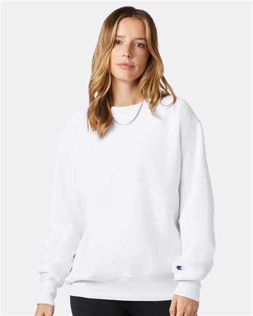 Champion S149 Unisex Reverse Weave® Crewneck Sweatshirt - White - OnModelFront