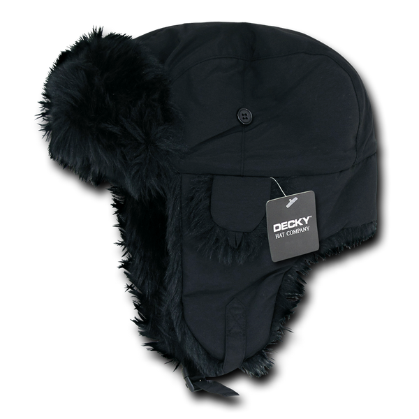 Faux Fur Aviator Hat – Warm Winter Trapper Cap - Black