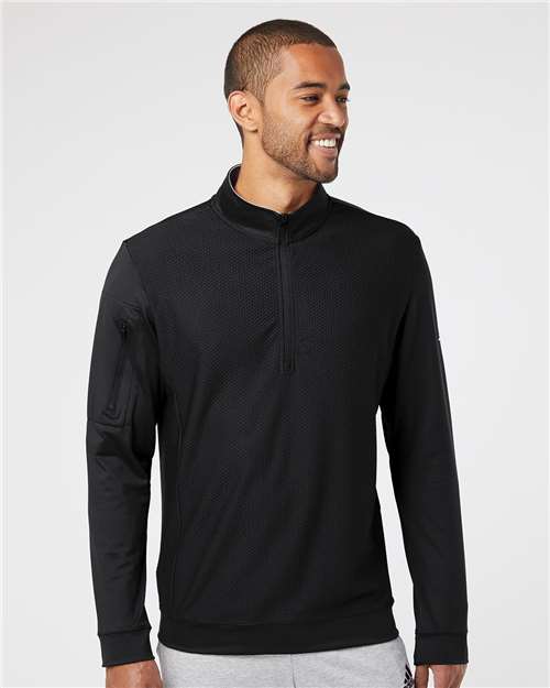 adidas A295 Men's Textured Quarter-Zip Pullover - Black - OnModelFront
