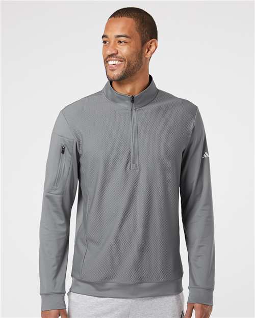adidas A295 Men's Textured Quarter-Zip Pullover - Grey Three - OnModelFront
