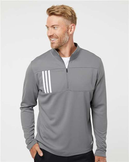 adidas A482 Men's 3-Stripes Double-Knit Quarter-Zip Pullover - Grey Three/ White - OnModelFront