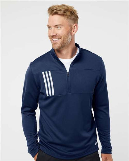 adidas A482 Men's 3-Stripes Double-Knit Quarter-Zip Pullover - Team Navy Blue/ Grey Two - OnModelFront