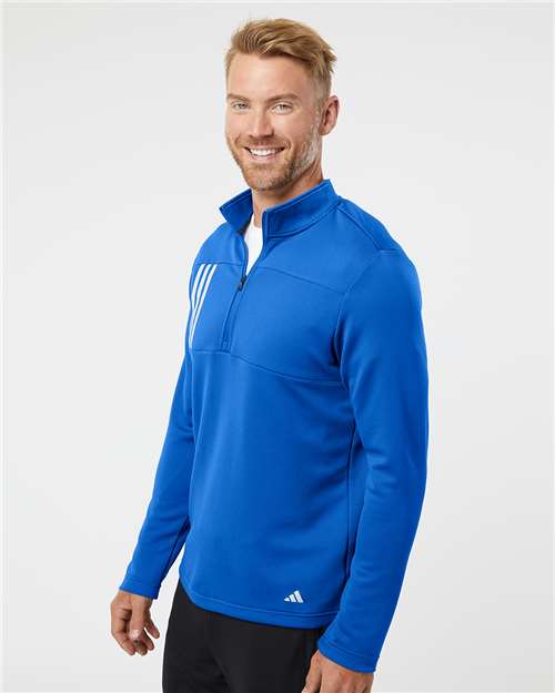 adidas A482 Men's 3-Stripes Double-Knit Quarter-Zip Pullover - Team Royal/ Grey Two - OnModelSide