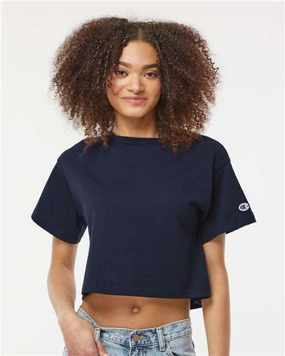 Champion T453W Women's Heritage Jersey Crop T-Shirt - Navy - OnModelFront