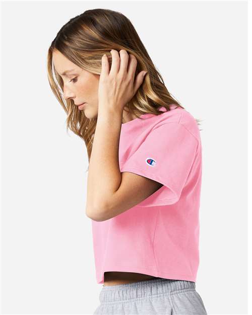 Champion T453W Women's Heritage Jersey Crop T-Shirt - Pink Candy - OnModelSide