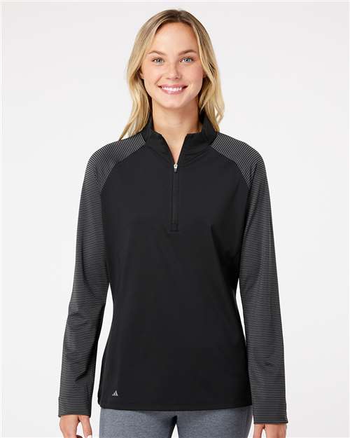 adidas A521 Women's Ultimate365 Lightweight Raglan Quarter-Zip Pullover - Black - OnModelFront