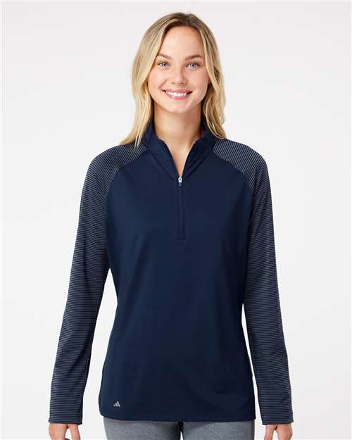 adidas A521 Women's Ultimate365 Lightweight Raglan Quarter-Zip Pullover - Team Navy Blue - OnModelFront