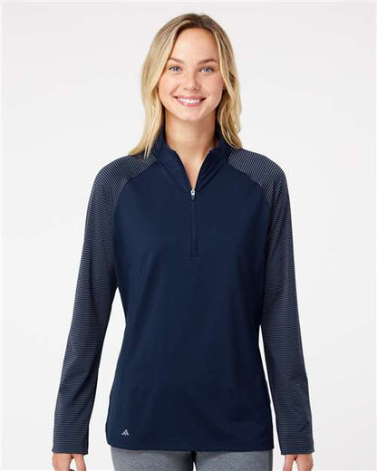 adidas A521 Women's Ultimate365 Lightweight Raglan Quarter-Zip Pullover - Team Navy Blue - OnModelFront