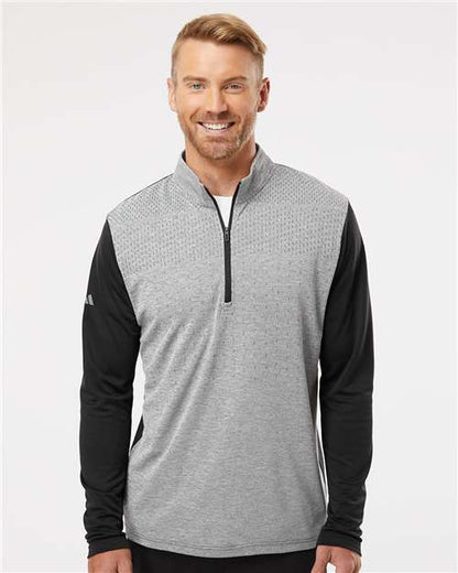 adidas A522 Men's Ultimate365 Heather Block Print Quarter-Zip Pullover - Black Melange/ Black/ Grey Three - OnModelFront