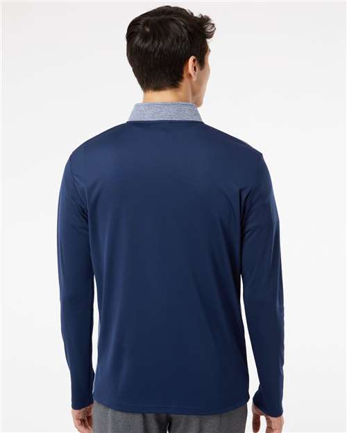 adidas A522 Men's Ultimate365 Heather Block Print Quarter-Zip Pullover - Collegiate Navy Melange/ Navy/ Grey Three - OnModelBack
