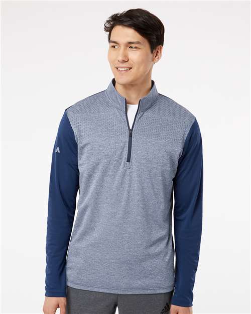 adidas A522 Men's Ultimate365 Heather Block Print Quarter-Zip Pullover - Collegiate Navy Melange/ Navy/ Grey Three - OnModelFront