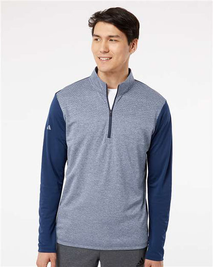 adidas A522 Men's Ultimate365 Heather Block Print Quarter-Zip Pullover - Collegiate Navy Melange/ Navy/ Grey Three - OnModelFront