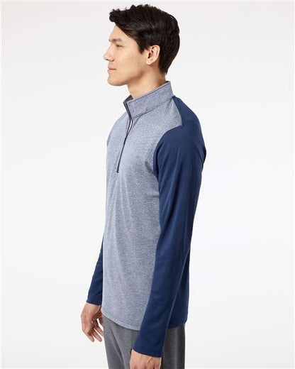 adidas A522 Men's Ultimate365 Heather Block Print Quarter-Zip Pullover - Collegiate Navy Melange/ Navy/ Grey Three - OnModelSide
