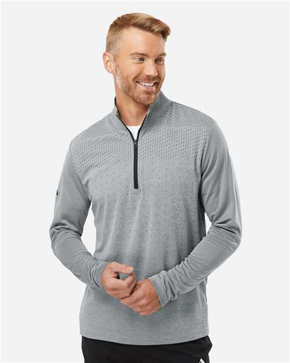 adidas A522 Men's Ultimate365 Heather Block Print Quarter-Zip Pullover - Grey Three Melange/ Grey Three/ Black - OnModelFront