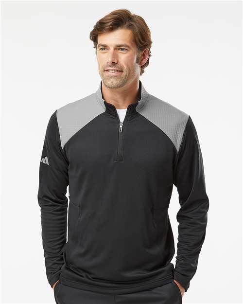 adidas A532 Men's Textured Mixed Media Quarter-Zip Pullover - Black/ Grey Three - OnModelFront
