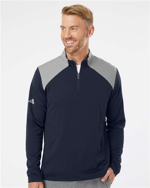 adidas A532 Men's Textured Mixed Media Quarter-Zip Pullover - Collegiate Navy/ Grey Three - OnModelFront