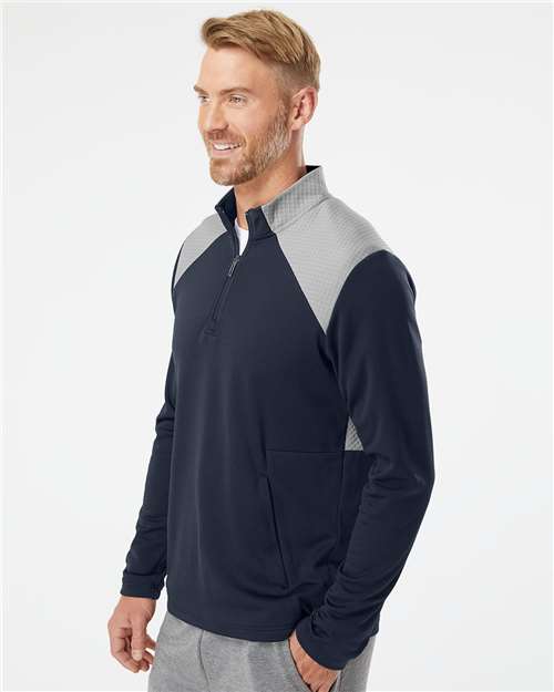 adidas A532 Men's Textured Mixed Media Quarter-Zip Pullover - Collegiate Navy/ Grey Three - OnModelSide