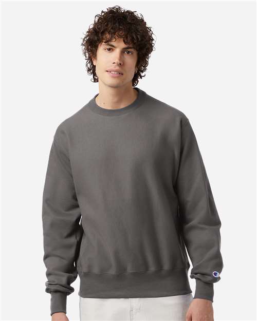 Champion S149 Unisex Reverse Weave® Crewneck Sweatshirt - Stone Grey - OnModelFront