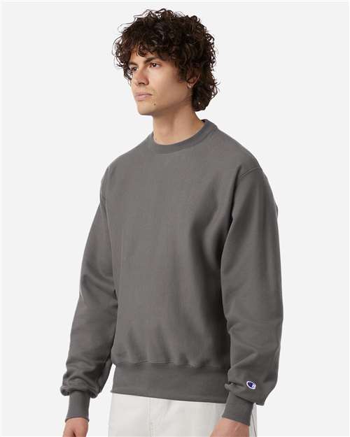 Champion S149 Unisex Reverse Weave® Crewneck Sweatshirt - Stone Grey - OnModelSide