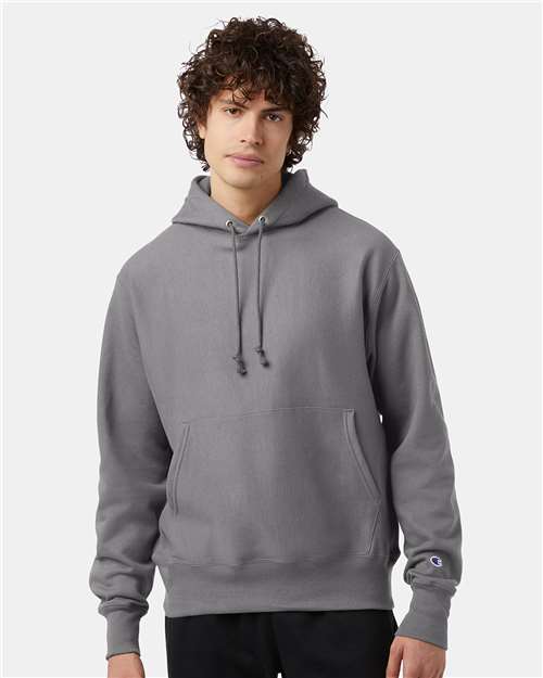 Champion S101 Unisex Reverse Weave® Hooded Sweatshirt - Stone Grey - OnModelFront