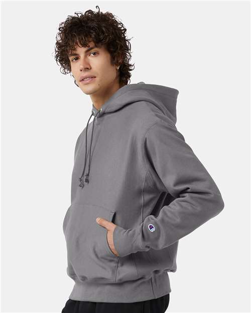 Champion S101 Unisex Reverse Weave® Hooded Sweatshirt - Stone Grey - OnModelSide