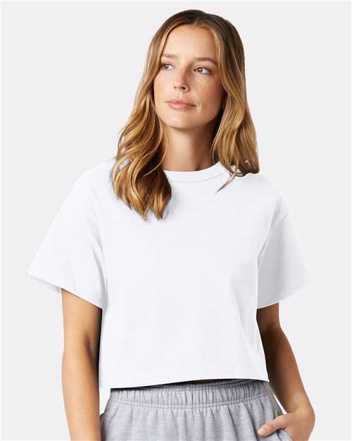 Champion T453W Women's Heritage Jersey Crop T-Shirt - White - OnModelFront