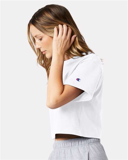 Champion T453W Women's Heritage Jersey Crop T-Shirt - White - OnModelSide