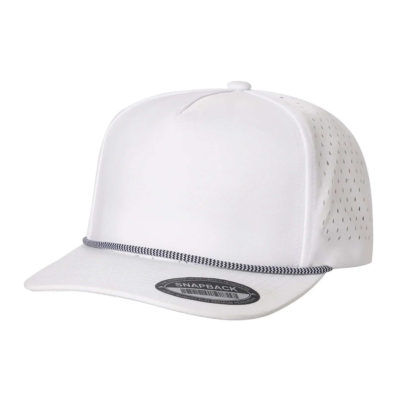 White snapback hat with flat bill, mesh side panels, and decorative rope detail