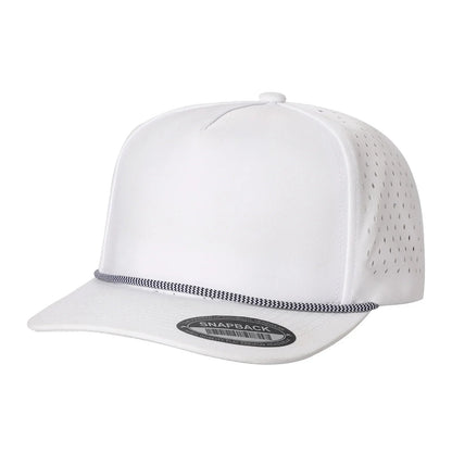 White snapback hat with flat bill, mesh side panels, and decorative rope detail
