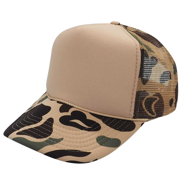 Nissun CPC - Foam Trucker Camo Hat, 5-Panel Camouflage Cap - Brown Camo/Beige
