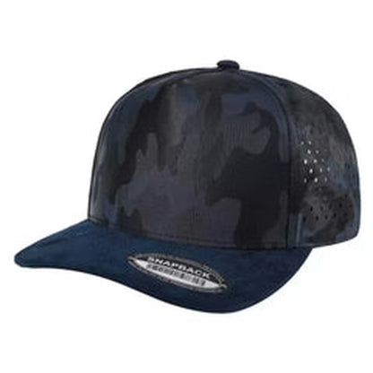 Black camouflage baseball cap with a brand logo on a white background