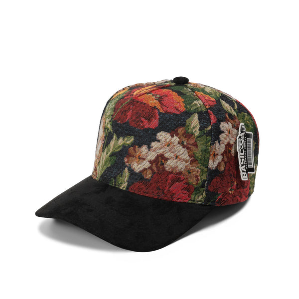 BASIC CAP Plain 5Panel Jacquard Suede Hat 5031 - Flower 1 Black