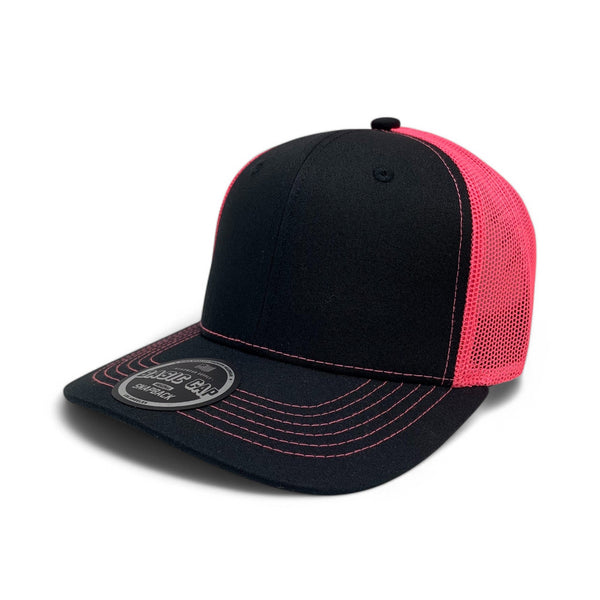Plain Slide Curve 6Panel Mesh Hat 6001 Adjustable Snapback - BLACK/N.PINK