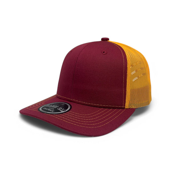 Plain Slide Curve 6Panel Mesh Hat 6001 Adjustable Snapback - BURGUNDY/GOLD