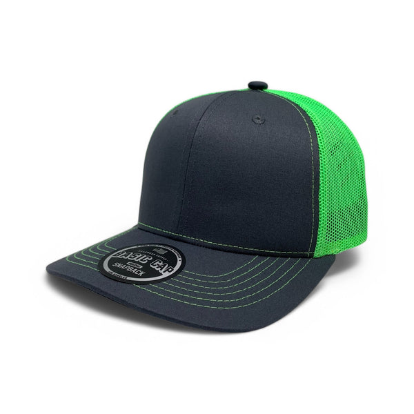 Plain Slide Curve 6Panel Mesh Hat 6001 Adjustable Snapback - CHARCOAL/N.GREEN